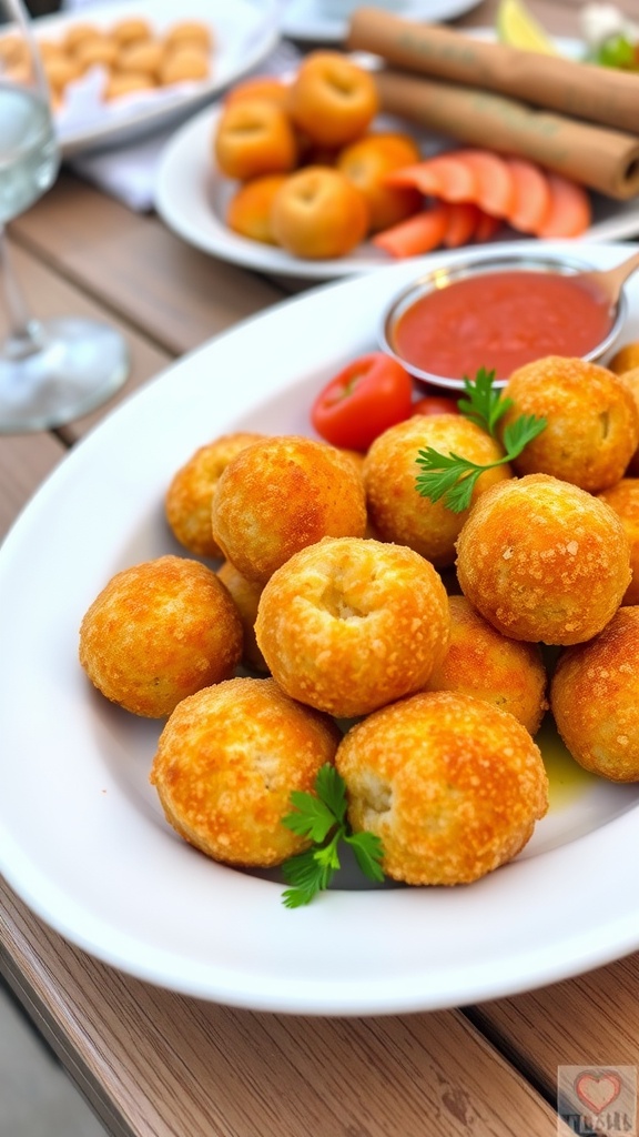 Crispy fried clam balls on a platter with cocktail sauce and parsley.